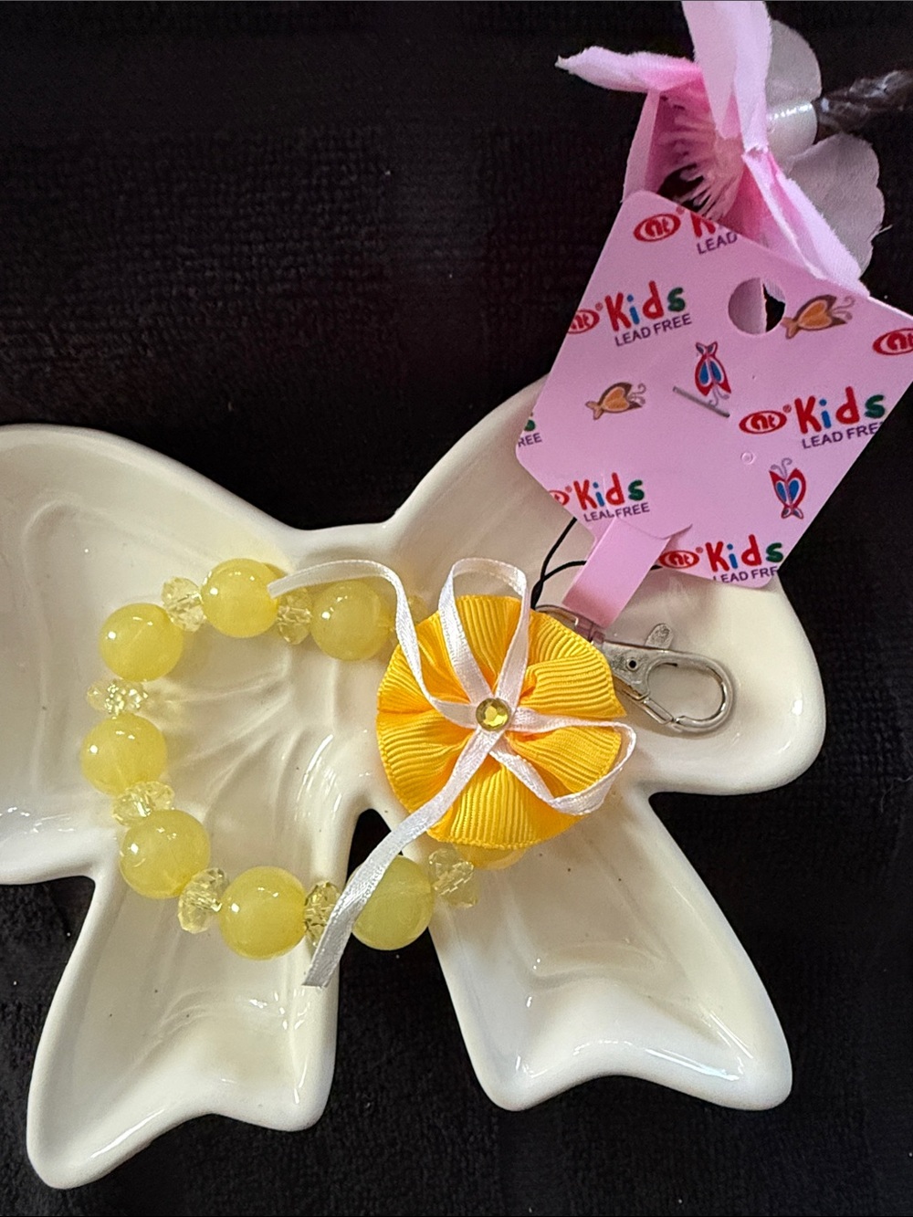 Kids Yellow Beaded Keychain Wristlet with Flower Charm
